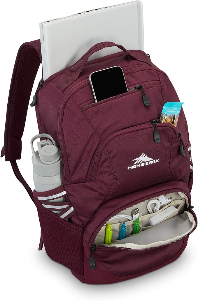 High Sierra Swoop SG Backpack, Travel or Work Laptop Bookbag with Drop Protection Pocket, and Tablet Sleeve, One Size, Maroon