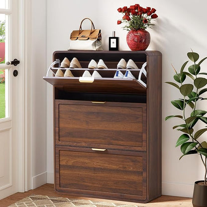 Hidden Shoe Cabinet with Drawer, Free Standing Narrow Shoe Rack Cabinet for Entryway Slim, 3 Flip Drawer Shoe Storage Organizer Cabinet for Entry,Hallway,Door,Dorm,Small Spaces - Walnut