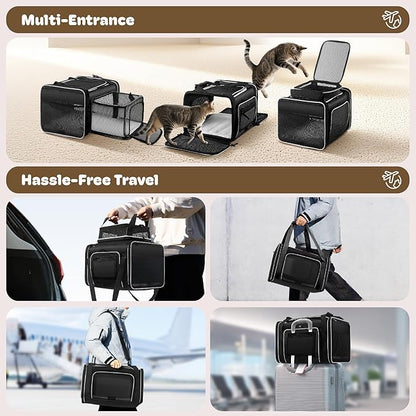 Top and 2 Sides Expandable Cat Carrier 18x11x11, TSA Airline Approved Dog Carriers for Medium Dogs, Soft-Sided Pet Carrier with Self-Locking Zippers for Kitten,Rabbit, Puppy, Guinea Pig Black White