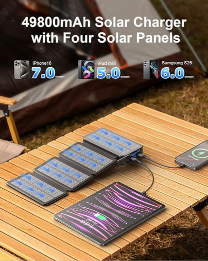 Solar Charger Power Bank 49800mAh With Built-in Cables, 12W QC3.0 Fast Charging, Wireless Portable Phone Charger for iPhone Samsung, Battery Pack With 4 Solar Panel , USB-C, Flashlight for Outdoor