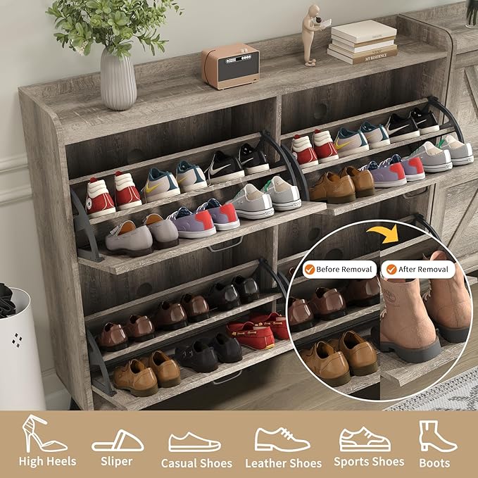 Shoe Cabinet with 4 Flip Drawers, Entryway Shoe Storage Cabinet Slim, Farmhouse Shoe Organizer Cabinet for Entryway, Narrow Hidden Shoe Cabinet with Wooden Legs, Washed Gray
