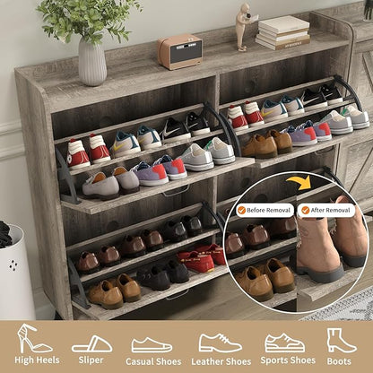 Shoe Cabinet with 4 Flip Drawers, Entryway Shoe Storage Cabinet Slim, Farmhouse Shoe Organizer Cabinet for Entryway, Narrow Hidden Shoe Cabinet with Wooden Legs, Washed Gray