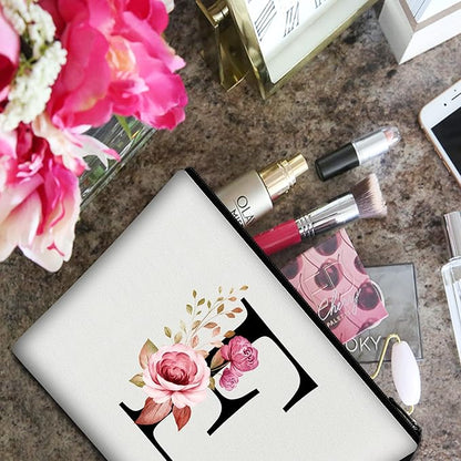 Vavabox A-Z Personalized Makeup Bag, Birthday Gifts for Women Mom, Gifts for Best Friend, Bride Bridesmaid Cosmetic bag (E, White)