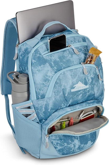 High Sierra Swoop Backpack, Lightweight Bookbag, Large Main Compartment + External Accessory Pockets, Separate Laptop Pocket, Dual Water Bottle Pockets, Fits most 17” Laptops, 30L Capacity, Blue Waves