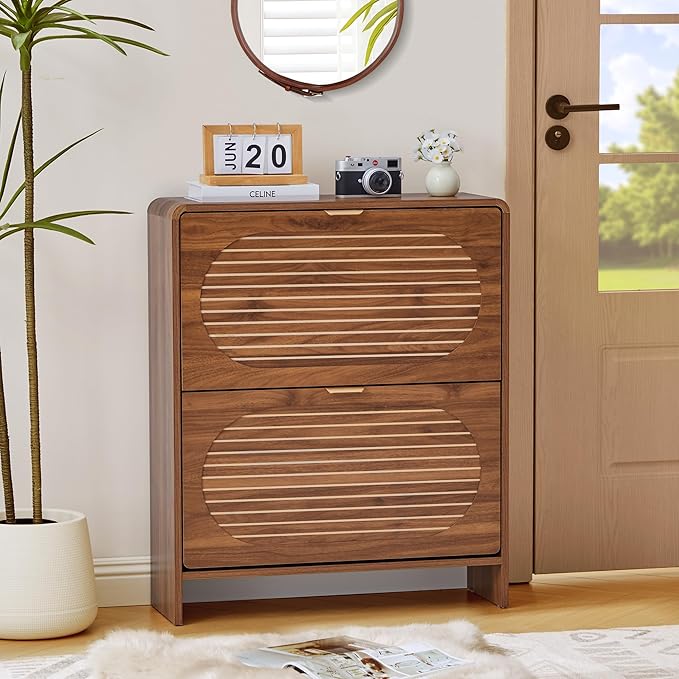 Mid-century Shoe Storage Cabinet with 2 Flip Drawer Arched Fluted Pattern, Farmhouse Slim Curved Corner Wood Shoe Cabinet, Hidden Narrow Shoe Organizer for Entryway,Living Room (Walnut,with Divider)
