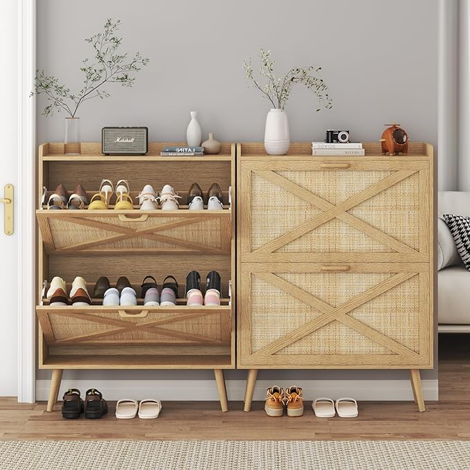 Shoe Storage Cabinet with 2 Rattan Flip Drawers, Freestanding Shoe Rack Organizer for Entryway, Narrow Hidden Slim Shoe Cabinet for Foyer,Hallway, Natural