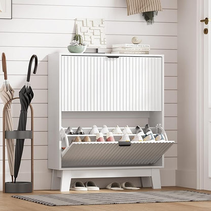 Shoe Cabinet Storage for Entryway with 2 Flip Drawers, Fluted Narrow Shoe Organizer with Wooden Legs, Freestanding Slim Shoe Storage Hidden Shoe Rack Organizer for Front Door Entrance, White