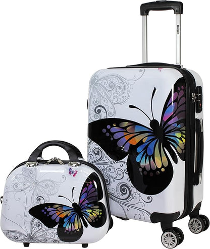 World Traveler VentureX Airline Approved 2-Piece Carry-On Luggage Set – Lightweight Hardside Polycarbonate Suitcase with Spinner Wheels - Butterfly