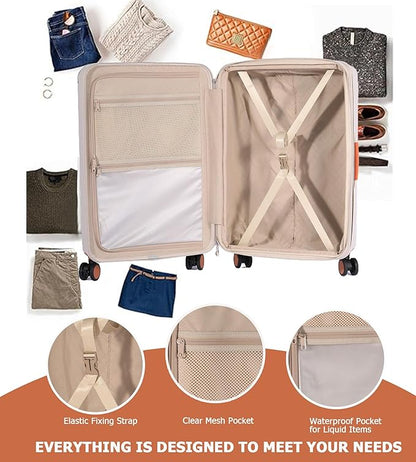 feilario 20in Hardshell Carry-On Luggage Lightweight Spinner Brake Wheels Suitcase with Zipper Closure, Airline Approved, TSA-Accepted Lock & Side Hooks (Beige (zipper closure), 20in)