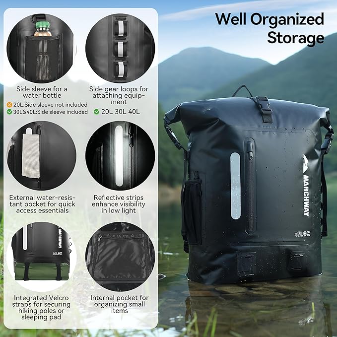 MARCHWAY Roll Top Waterproof Backpack, Floating Dry Bag 20L/30L/45L with Ergonomic Rectangular Base, Cushioned Back, Hip Strap for Hiking Camping Kayaking Travel (Black, 45L)