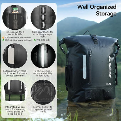 MARCHWAY Roll Top Waterproof Backpack, Floating Dry Bag 20L/30L/45L with Ergonomic Rectangular Base, Cushioned Back, Hip Strap for Hiking Camping Kayaking Travel (Black, 45L)