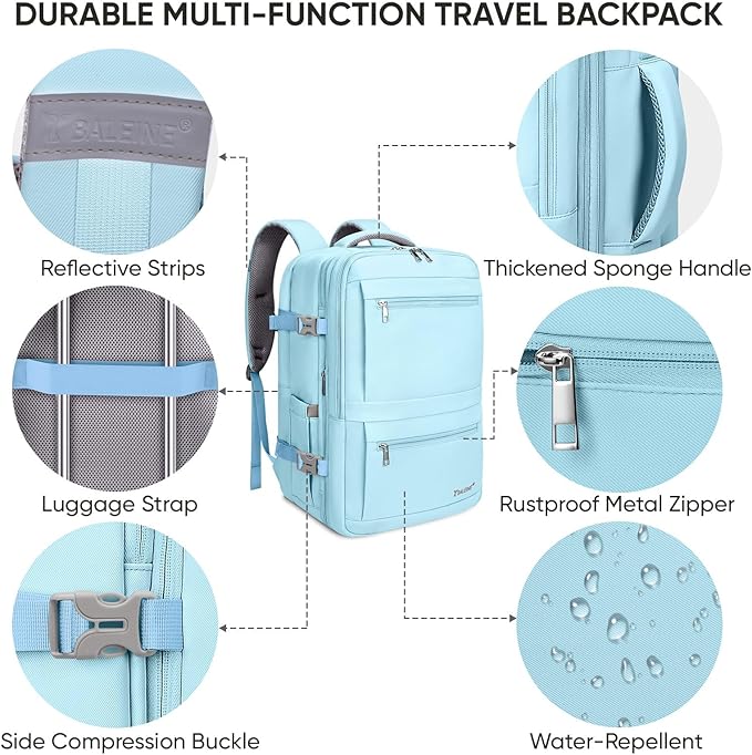 BALEINE Travel Backpack for Women Men, Large Sturdy Carry On Laptop Backpack Gifts for Business, Casual, Weekender, Hiking (XL, Light Blue)