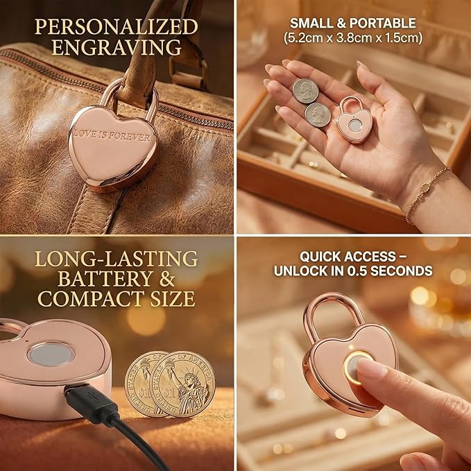 Heart Shaped Fingerprint Padlock, Small Smart Padlock for Gym Locker, Backpack, School, Mailbox, Travel Suitcase (Rose Gold)