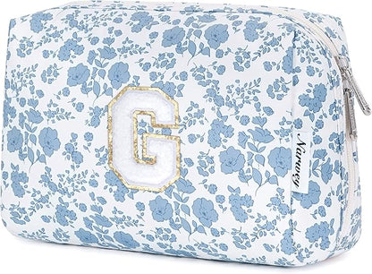 Narwey Birthday Gifts for Teen Girls Kids Women Personalized Initial Floral Makeup Bag Cute Cosmetic Trendy Stuff 6 8 10 11 12 13 14 16 18 Years Old Travel Toiletry Bag (Little Blue Flower G)