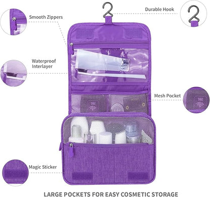 Large Capacity Toiletry Bag Travel Bag with Hanging Hook for Men and Women Waterproof Travel Cosmetic Bag Bathroom Storage Bag for Brushes Set, Full-Sized Shampoo, Toiletries, (Purple)