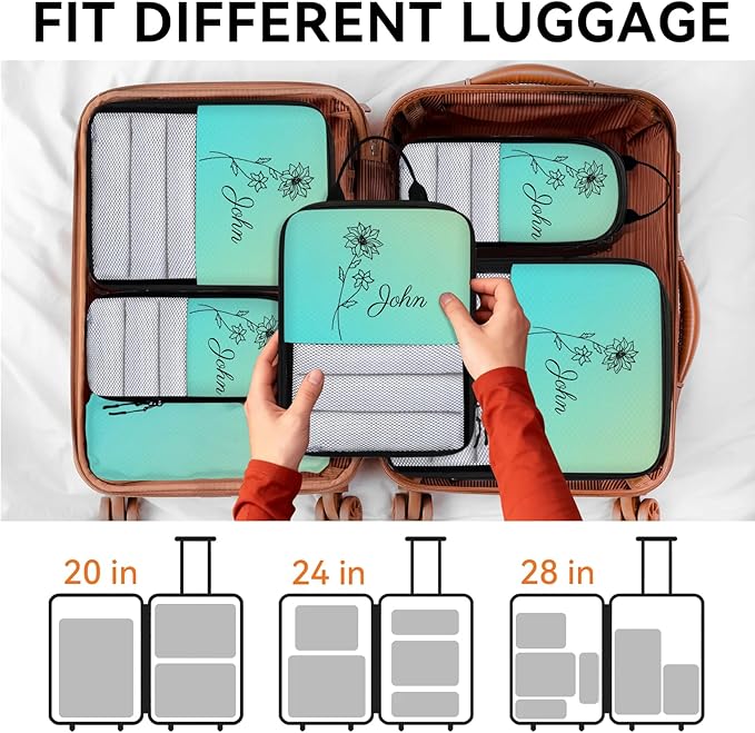 Custom 6 Set Compression Packing Cubes with Name Personalized Compressible Expandable Packing Organizers Luggage Carry On Suitcase Bags Travel Accessories Gifts, December Flower