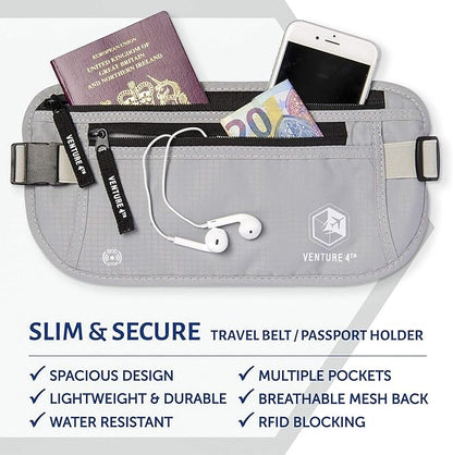 VENTURE 4TH Money Belt for Travel – Hidden Under-Clothes RFID Blocking Passport Holder & Slim Travel Wallet Pouch for Men & Women to Protect Cash, Cards & Documents (Silver)