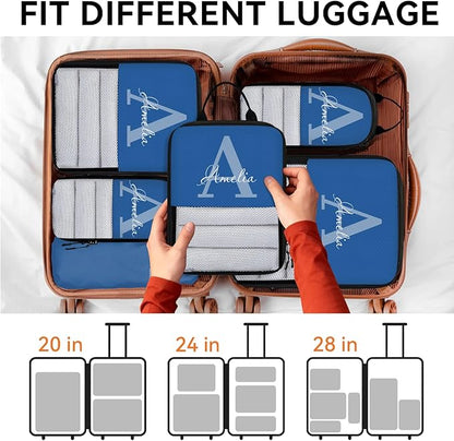 Personalized 6 Set Compression Packing Cubes for Travel Accessories Custom Name Luggage Carry On Suitcase Compressible Expandable Packing Organizer, Blue Initial