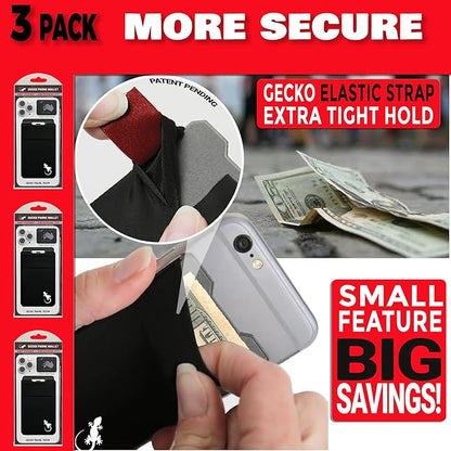 Gecko Travel Tech Double Pocket - Adhesive Card Holder - Cell Phone Pouch - Stick on Spandex Pocket - Carry Credit Cards and Cash (3 PACK - BLACK WHITE)