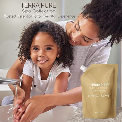 Terra Pure Spa Collection 1 Liter Hand Wash Refill Bag For Soap Dispensers | Bulk Toiletries for Vacation Rentals, and Home Bathroom Showers | Green Tea Lemongrass | Set of 12