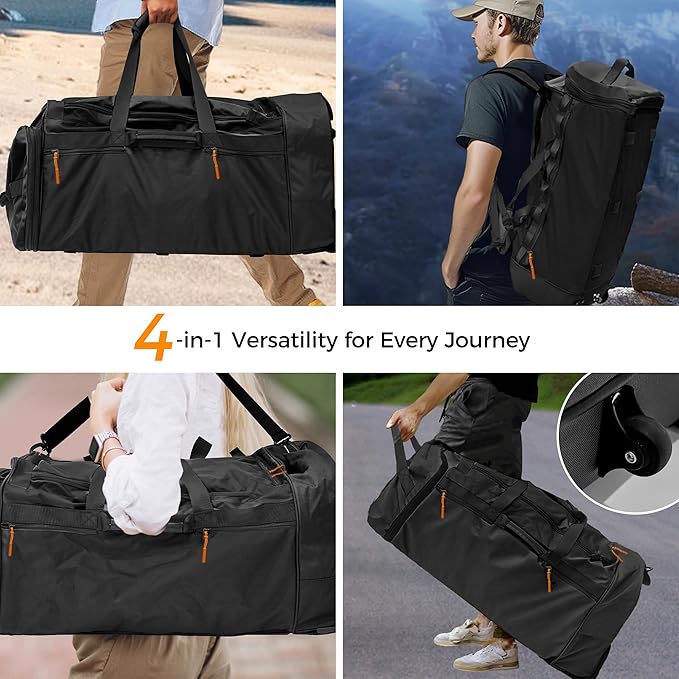 Rolling Duffel Bag with 3 Wheels, 110L-120L Expandable Foldable Travel Duffel, 28" No-Sag Design Waterproof Carry On Luggage, Lightweight Weekender Bag for Men Women, Camping/Cargo/Air Travel