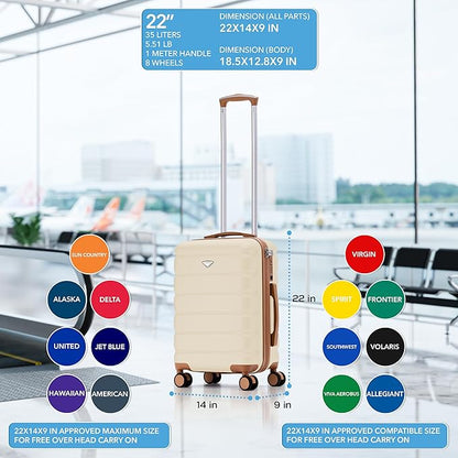 Flight Knight 22x14x9" Carry On Suitcase Hardside TSA Lock USB C Port Lightweight Luggage Silent Double Spinner Wheels Maximum Overhead Carry-On Bag For American & United Approved Airlines