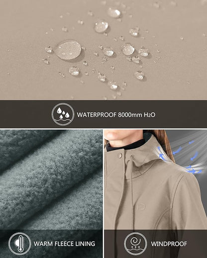 Outdoor Ventures Women's Lightweight Waterproof Fleece Lined Hooded Softshell Rain Jacket, Warm Windbreaker Long Coat