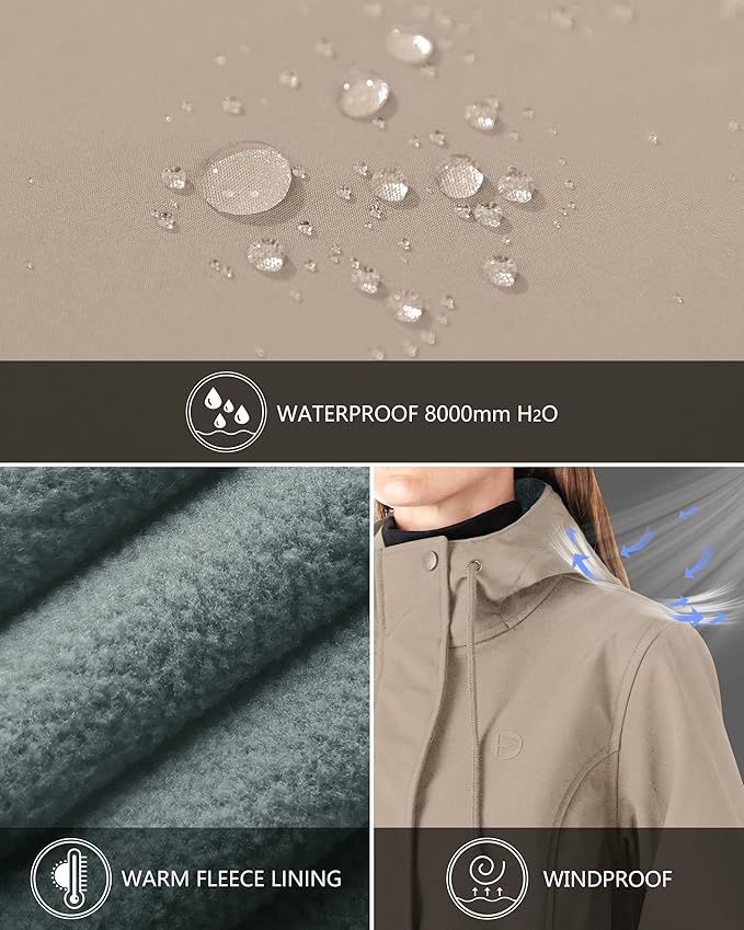 Outdoor Ventures Women's Lightweight Waterproof Fleece Lined Hooded Softshell Rain Jacket, Warm Windbreaker Long Coat