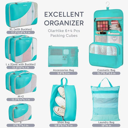 ALL INCLUDED 10 Set Durable Packing Cubes for Suitcases,OlarHike Essentials for Travel,UPGRADED Anti-Tear Stitching, NEW Improved Luggage Packing Organizers for Travel Accessories,Turquoise