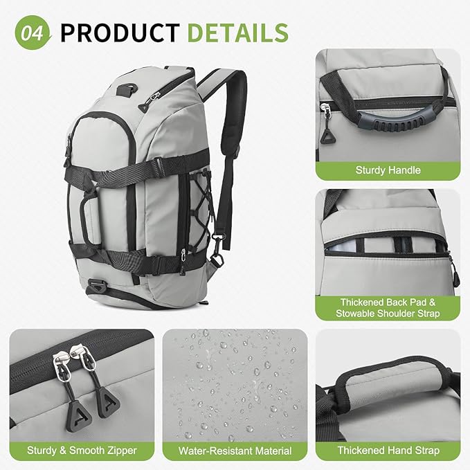 Unisex Travel Duffle Bag for Men Women, Waterproof Gym Bag with Shoe Compartment & Football Compartment, 32L Carry on Bag for Sports & Fitness, Light Gray