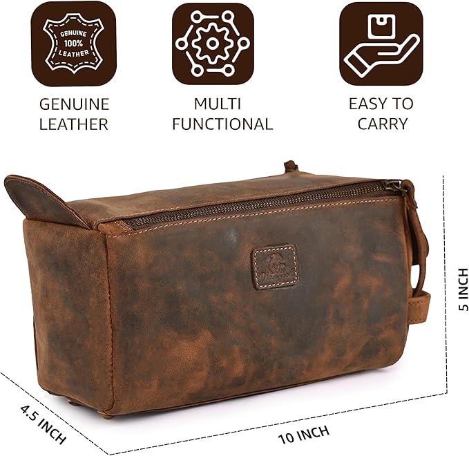 Genuine Leather Travel Toiletry Bag for Men & Women – Premium Water-Resistant Large Dopp Kit, Shaving Organizer & Compact Bathroom Essentials Case – Distressed Brown