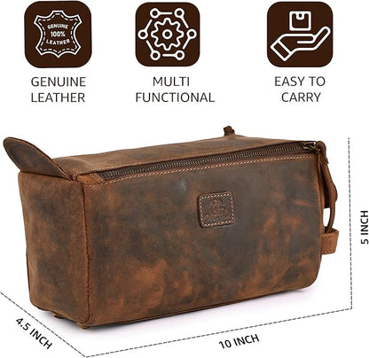 Genuine Leather Travel Toiletry Bag for Men & Women – Premium Water-Resistant Large Dopp Kit, Shaving Organizer & Compact Bathroom Essentials Case – Distressed Brown