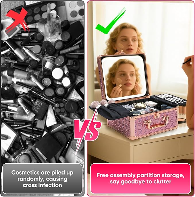 Makeup Box with Detachable Lighted Mirror–Travel Train Case, Cosmetic Storage Organizer & Makeup Suitcase with Adjustable Dividers & Magnetic LED Mirror (Pink)