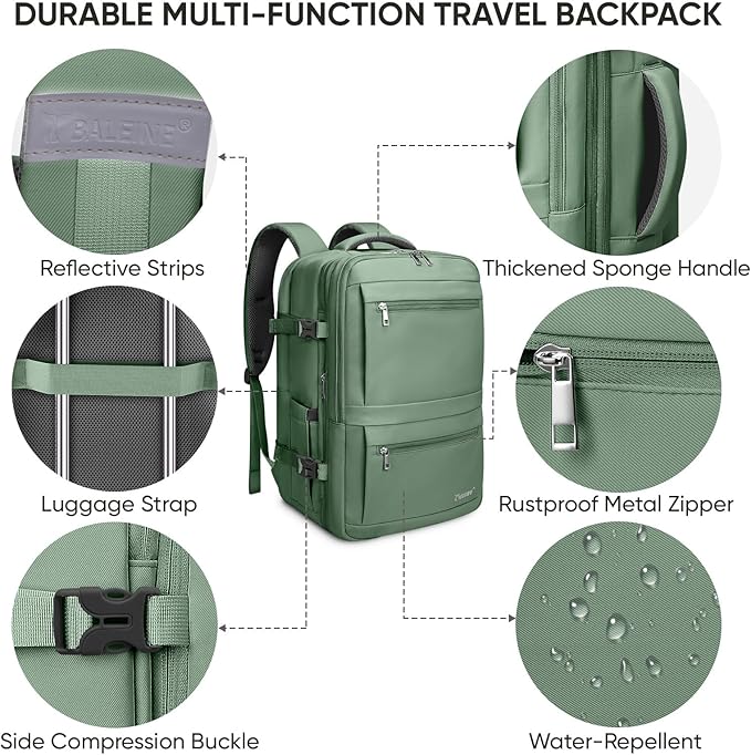 BALEINE Travel Backpack for Women Men, Large Sturdy Carry On Laptop Backpack Gifts for Business, Casual, Weekender, Hiking (XL, Olive Green)