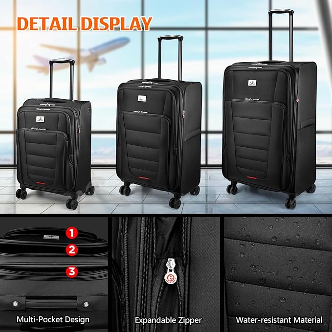 Verdi Luggage Set 3-Piece Suitcase with Spinner Wheel Softside Expandable, Carry On Luggage with USB Port (Black, 3-Piece set(20/24/28))