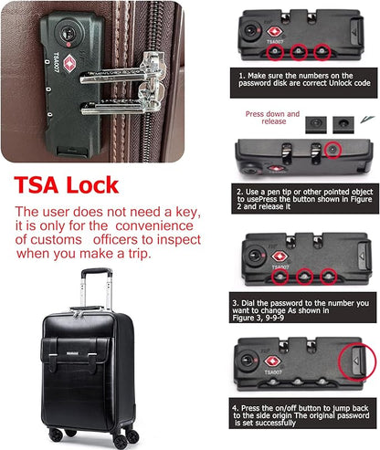 feilario Business Spinner Wheels Luggage PVC Leather Waterproof Carry-On Suitcase Aluminum Alloy Handle Soft Shell Luggage with TSA Lock (Black, 20in)