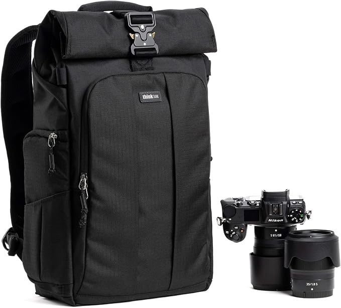 Think Tank FocusPoint 22L RollTop Camera Backpack - Asphalt Black: Expandable Travel & Camera Backpack with Laptop Sleeve, Quick Side and Back Access, Rain Cover – Versatile Photography & Travel Bag