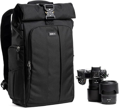 Think Tank FocusPoint 22L RollTop Camera Backpack - Asphalt Black: Expandable Travel & Camera Backpack with Laptop Sleeve, Quick Side and Back Access, Rain Cover – Versatile Photography & Travel Bag