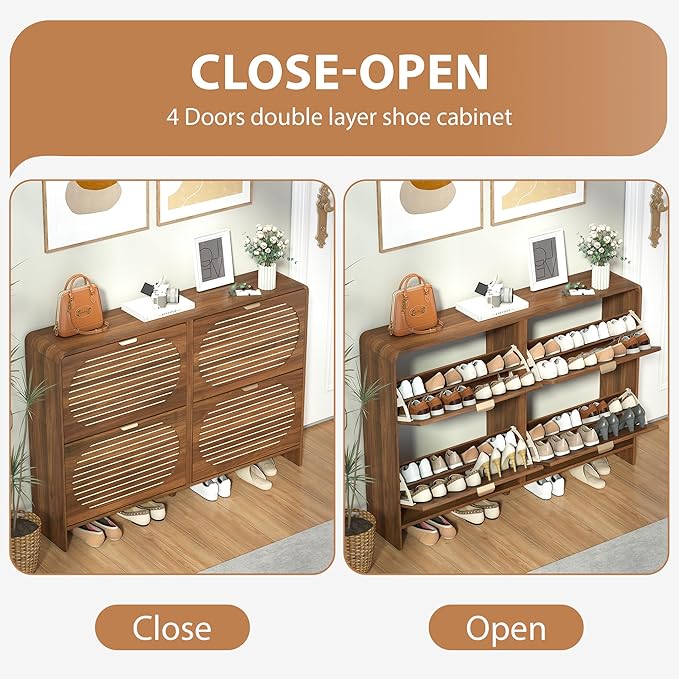 47" Large Shoe Storage Cabinet with 4 Flip Drawer Arched Fluted Pattern, Farmhouse Hidden Narrow Curved Corner Shoe Organizer for Entryway,Living Room (Walnut,with Divider)