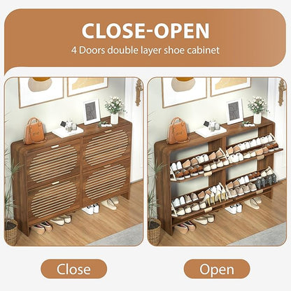 47" Large Shoe Storage Cabinet with 4 Flip Drawer Arched Fluted Pattern, Farmhouse Hidden Narrow Curved Corner Shoe Organizer for Entryway,Living Room (Walnut,with Divider)