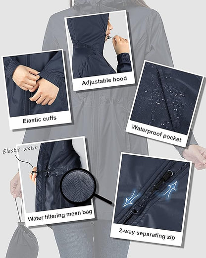33,000ft Women's Waterproof Long Rain Coats Packable Rain Jacket with Hood Trench Coats Windbreaker