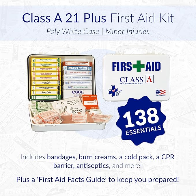 Certified Safety Mfg Class A 21 Plus - 138pc USA-Made ANSI & OSHA Compliant First Aid Kit - Emergency Medical Supplies for Minor Injuries - First Aid Kits for Businesses, Homes, & More