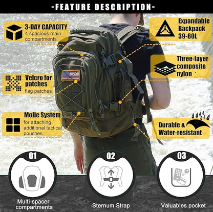 Tactical Backpack Military Army Daypack - Assault Pack for Men Molle Backpacks Bug Out Bag 3 Day Pack for Hiking Camping Travel Hunting Rucksack Trekking Green