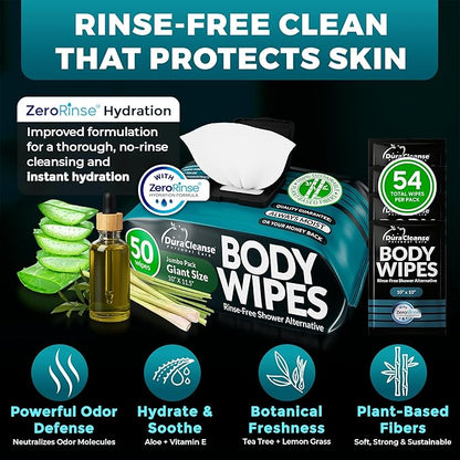 XL Body Wipes for Men – 50 No Rinse Shower Sheets + 4 Travel Bath Sachets, 10" x 11.5" Adult Disposable Washcloths and Face Towels for Camping, After Gym and Survival Gear