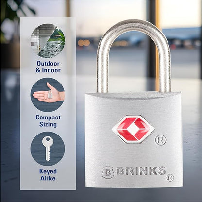 BRINKS TSA Approved Padlock, 22mm Aluminum, Chrome-Plated with Hardened Steel Shackle, TSA Locks for Luggage, 2-Pack