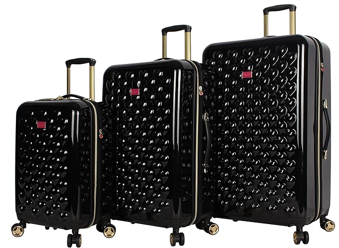 Betsey Johnson Luggage Hardside 3 Piece Set Suitcase With Spinner Wheels (20" 26" 30") (One Size, Heart to Heart Black)