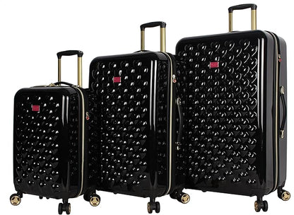 Betsey Johnson Luggage Hardside 3 Piece Set Suitcase With Spinner Wheels (20" 26" 30") (One Size, Heart to Heart Black)