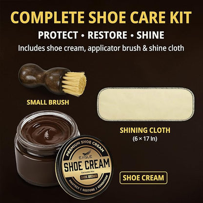 Eagle Shoe Cream Polish Kit – 3 Piece Boot & Shoe Polish with Shoe Cream, Shine Cloth & Applicator