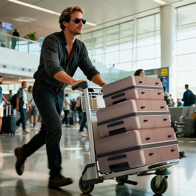 Karl home 24" Check-in Luggage, PP Hardside Checked Medium Suitcase with Wheels, Waterproof Durable Rolling Luggage with Built-in Lock for Travel Business, Rose Gold