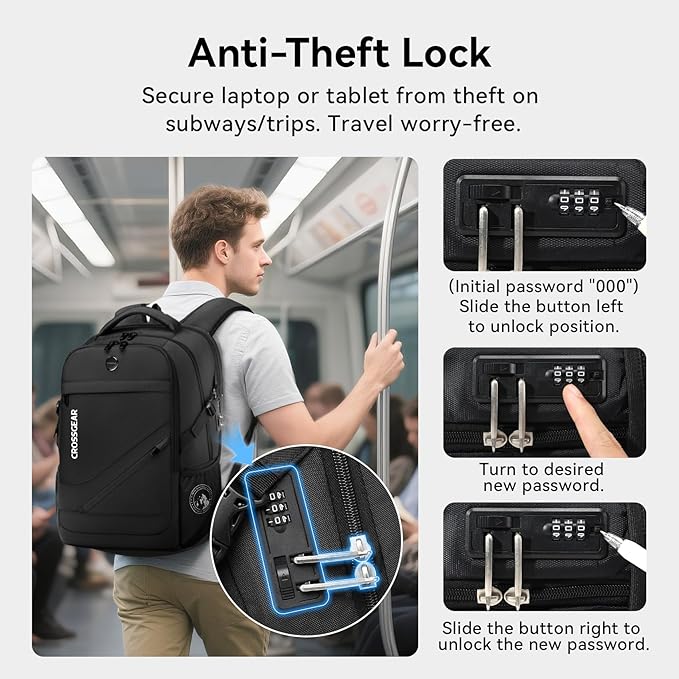 CROSSGEAR Laptop Backpack for Men, 17.3 Inch Large Travel Backpack with Anti-theft Lock, Water Resistant Business Computer Backpack with USB Charging Port, Breathable Padded, Casual Daypacks
